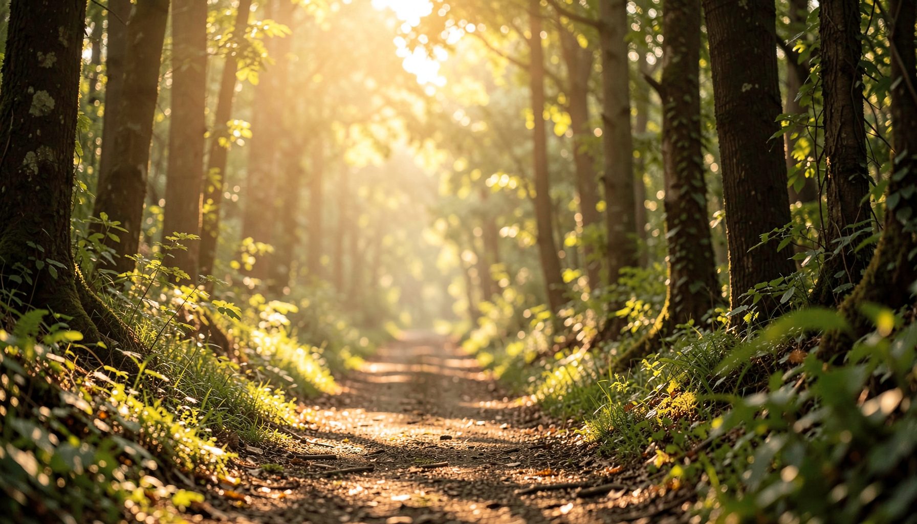 A serene, softly lit scene with warm golden and earthy green tones — a quiet path through a sun-dappled forest, evoking peace and mindful connection.