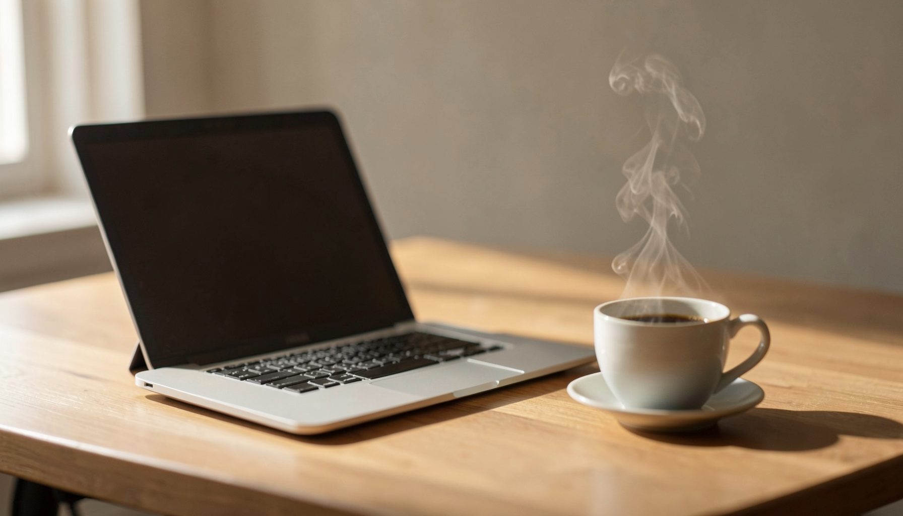 A softly lit desk scene with a laptop and a steaming coffee cup, warm neutral tones and gentle shadows, calm and focused