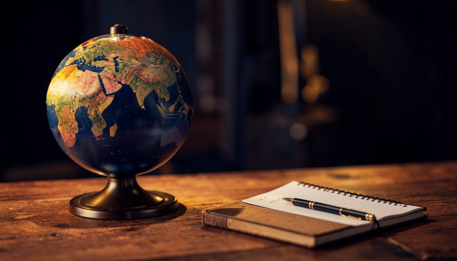 A warm, softly lit globe resting on a wooden table beside a notebook and pen, with deep navy blues and golden amber tones