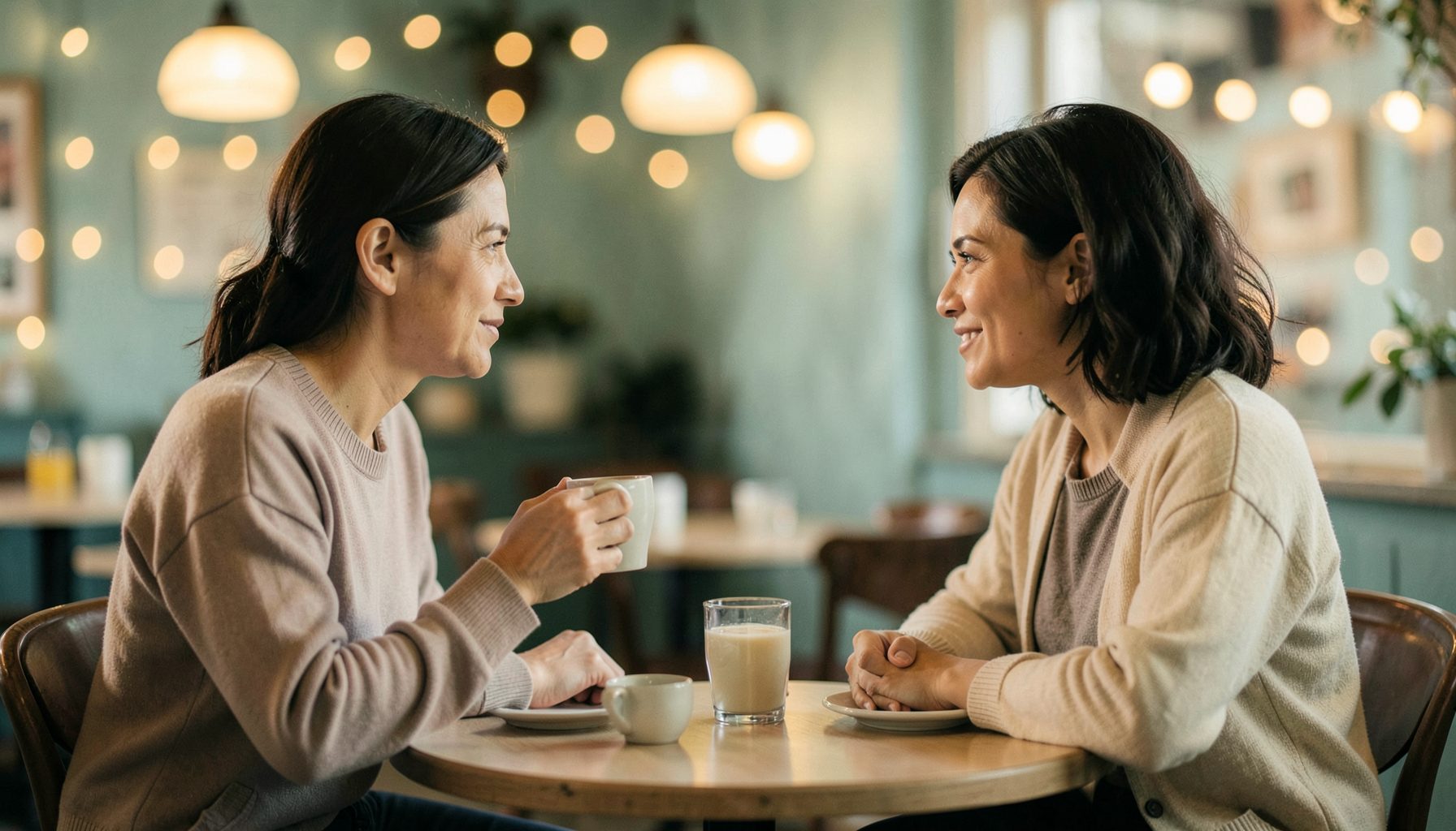 A warm, softly lit scene of two people sitting across from each other at a cozy café table, one holding a coffee cup, with gentle amber tones