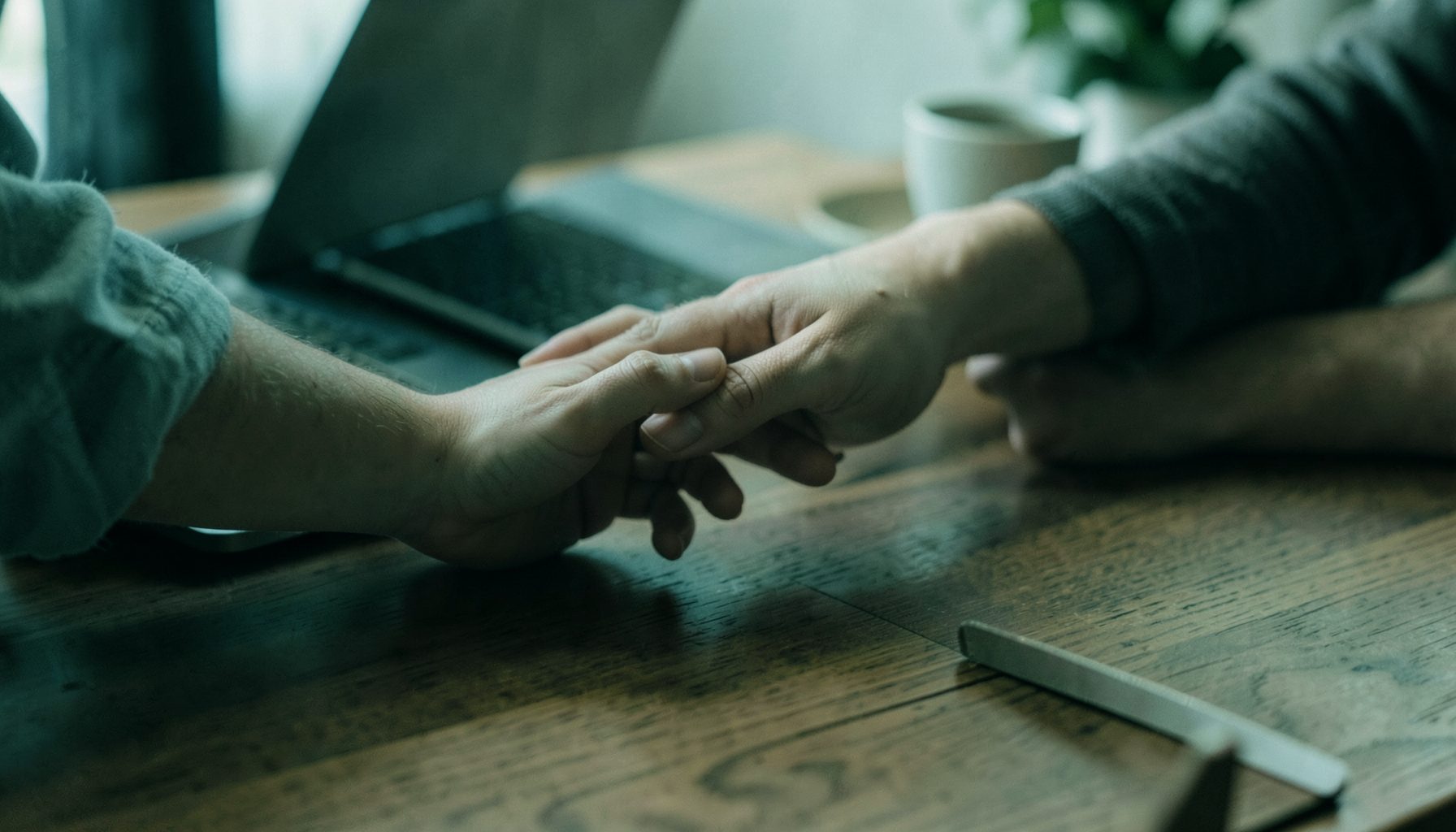 Warm dark teal and soft green toned photo of two hands nearly touching over a wooden table with a laptop and coffee cup, quiet and hopeful mood