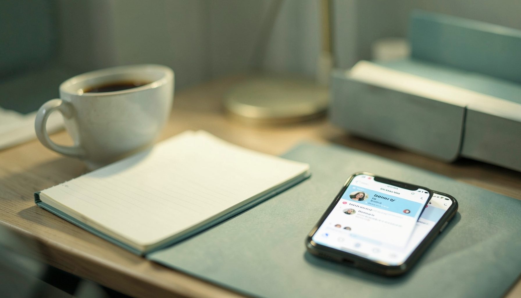 Warm, softly lit desk scene with a notebook, a cup of coffee, and a smartphone displaying a dating app interface, in muted tones